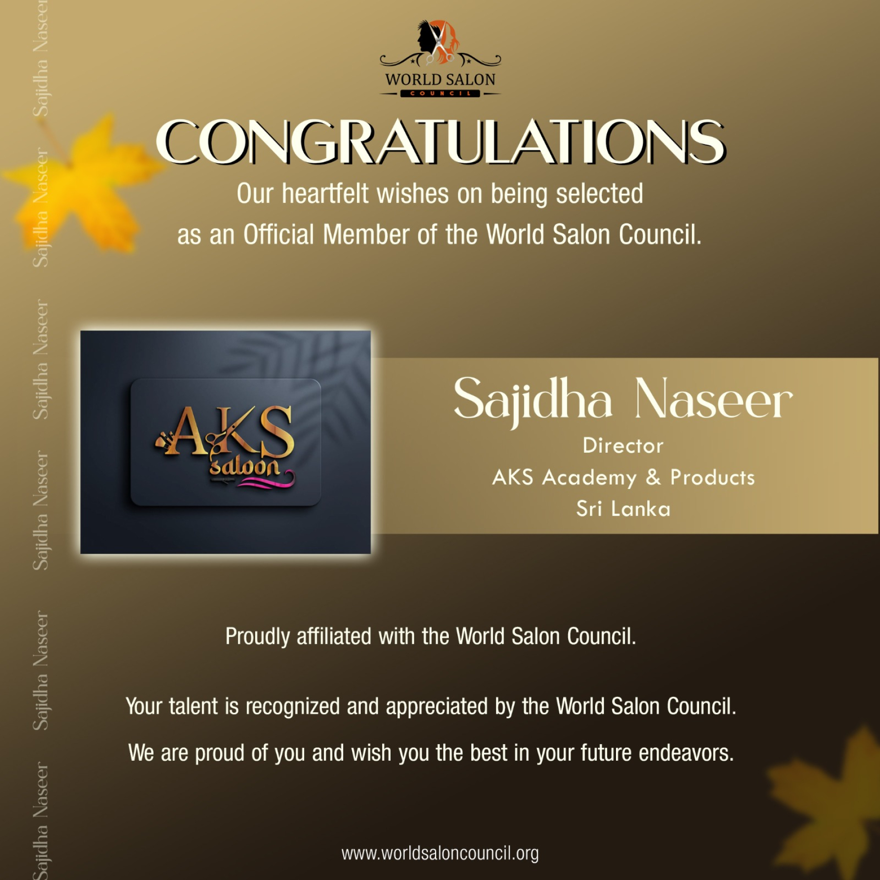 World Salon Council Official Member Announcement: Director Sajidha Naseer, AKS Academy & Products From Sri Lanka