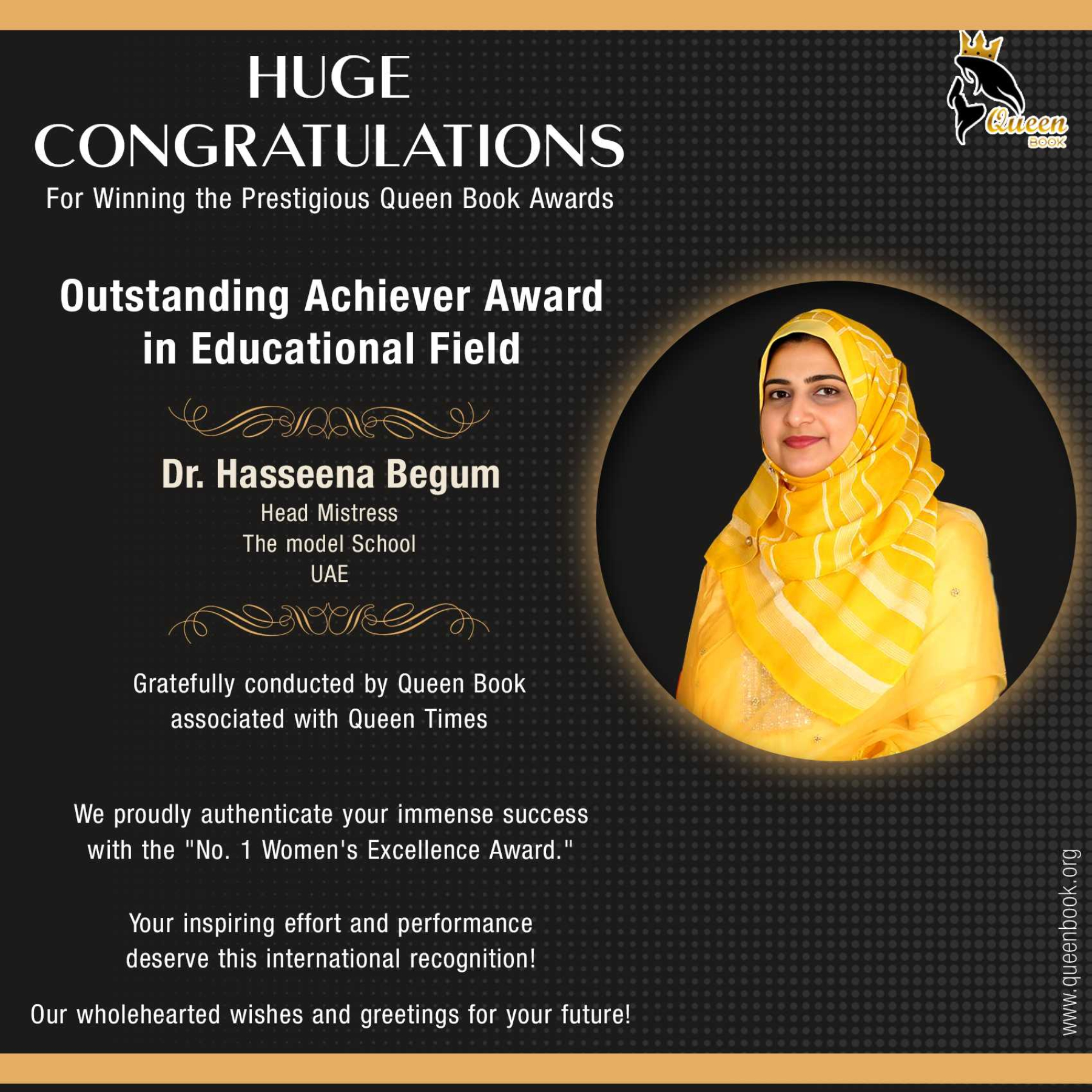 Dr.Hasseena Begum  has own Outstanding Achiever Award in Educational Field
