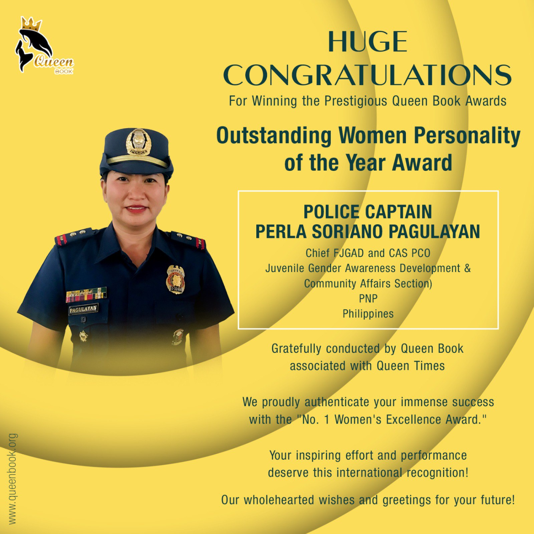 POLICE CAPTAIN PERLA SORIANO PAGULAYAN Has Won Outstanding Women Personality of the Year Award