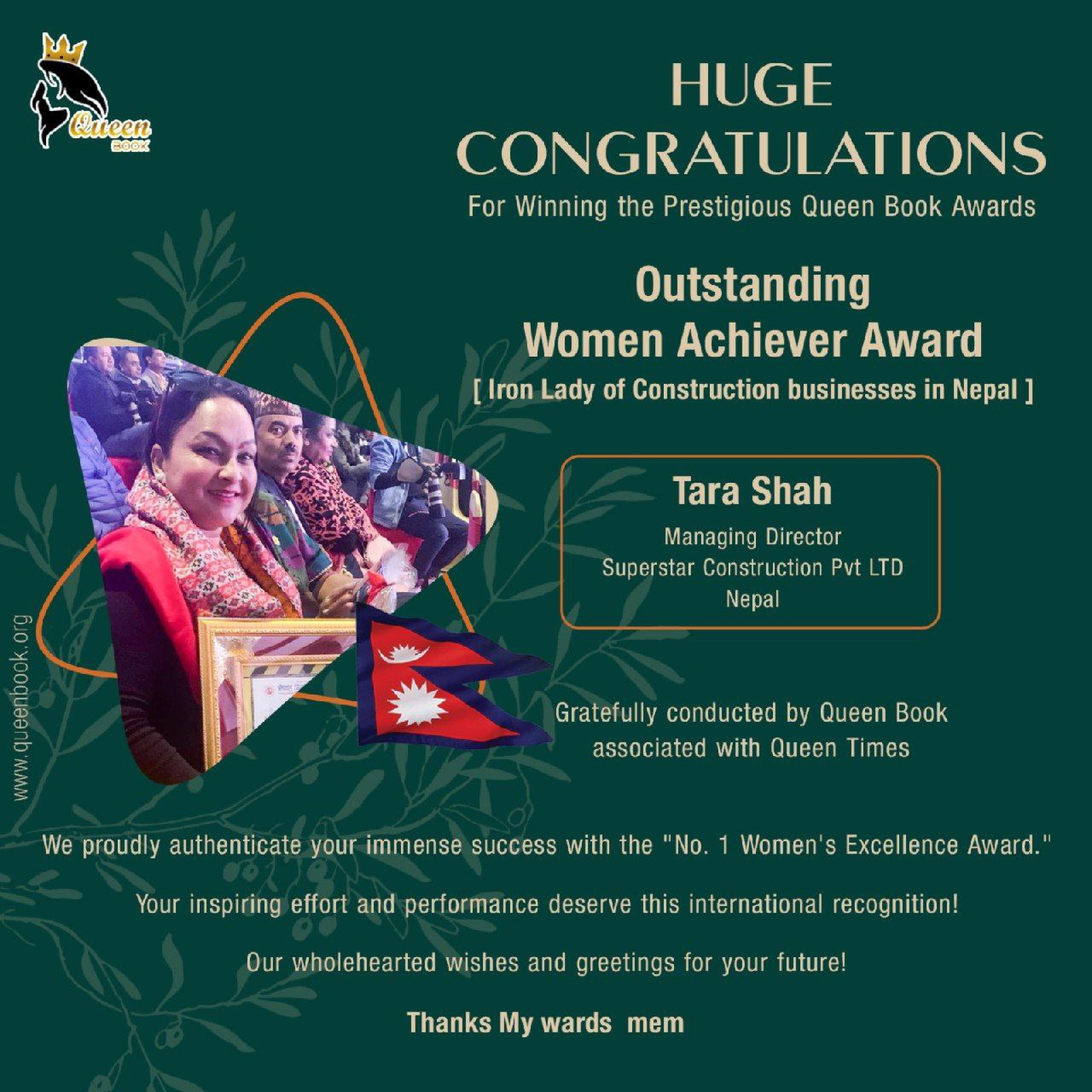 Tara Shah Has Won Outstanding Women Achiever Awards and Iron Lady of Construction businesses in Nepal