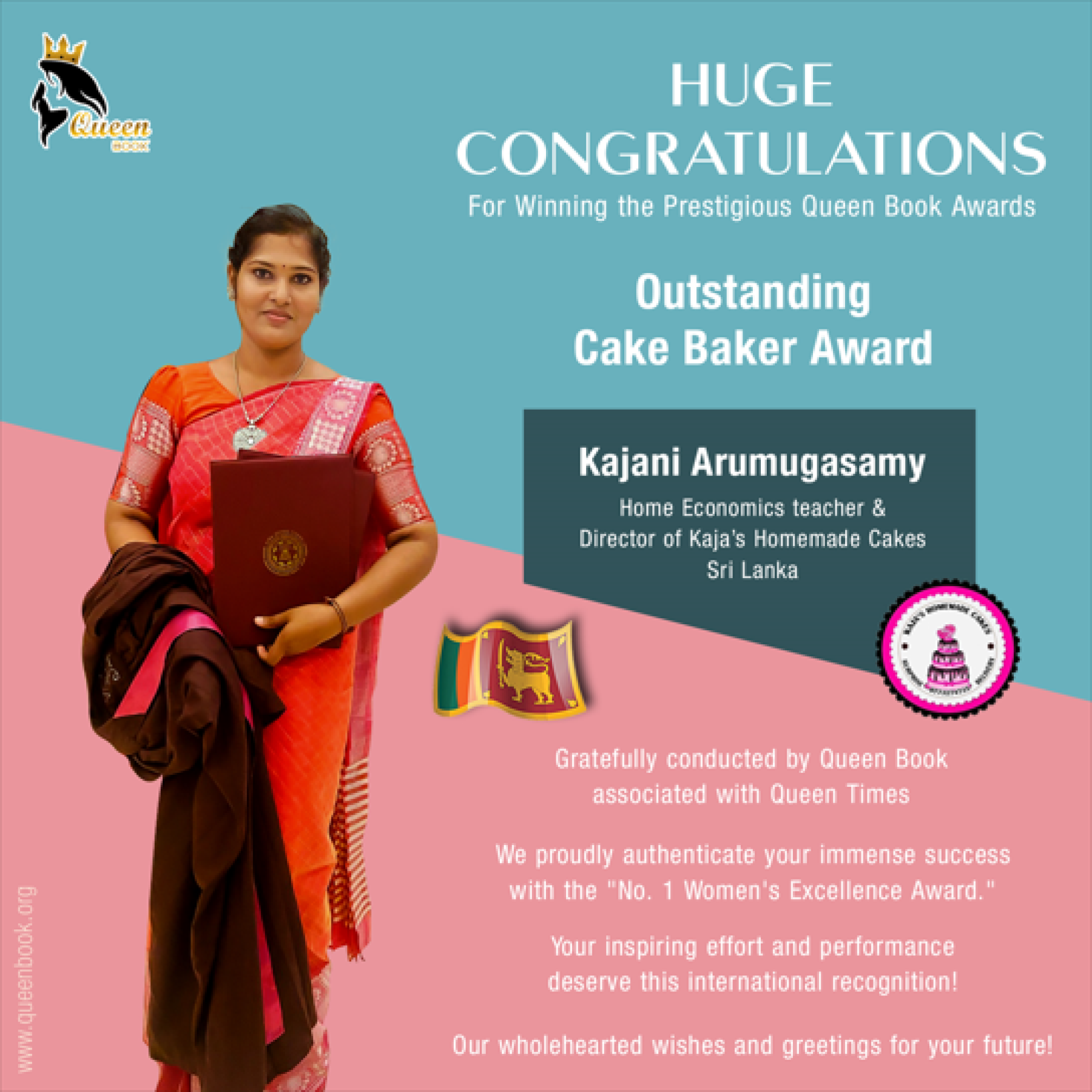 Kajani Arumugasamy Has bagged Outstanding Cake Baker Award